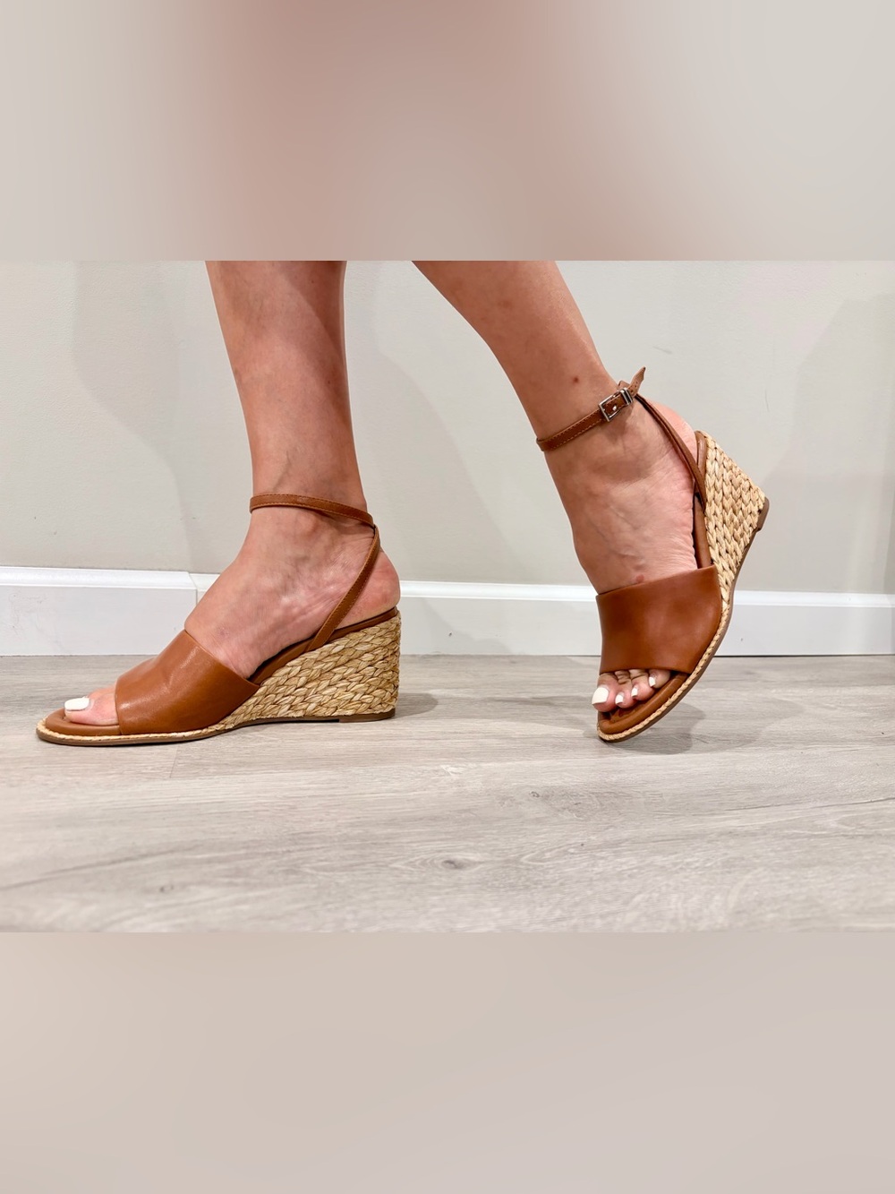 Nordstrom Tan Leather Wedge Espadrille Sandals with Ankle Strap